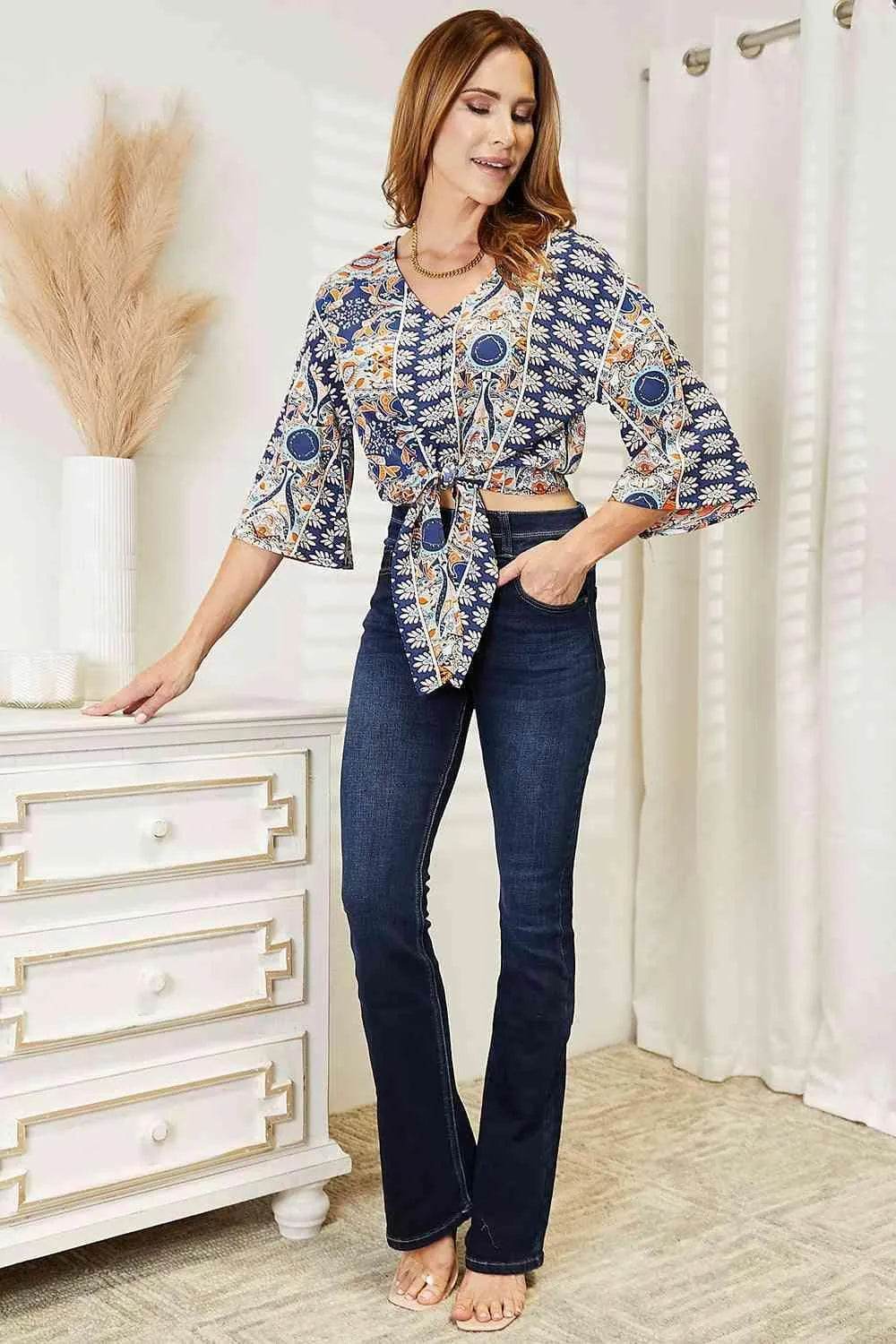Bona Fide Fashion - Tie Hem V-Neck Three-Quarter Sleeve Blouse - Women Fashion - Bona Fide Fashion