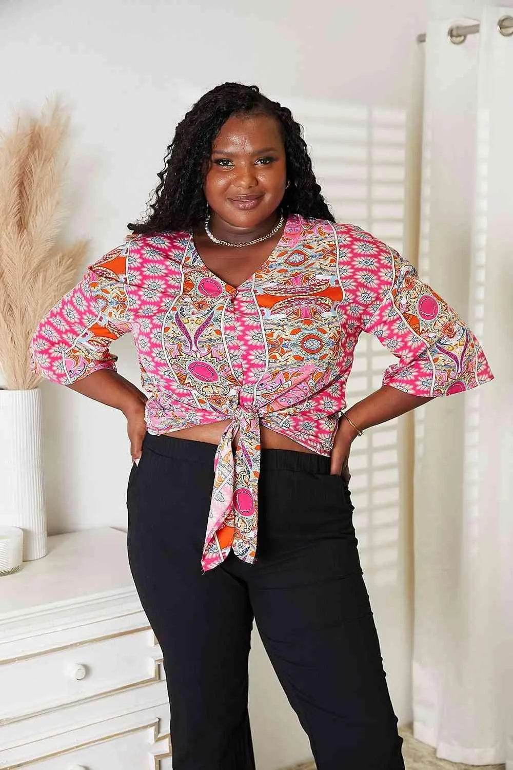 Bona Fide Fashion - Tie Hem V-Neck Three-Quarter Sleeve Blouse - Women Fashion - Bona Fide Fashion