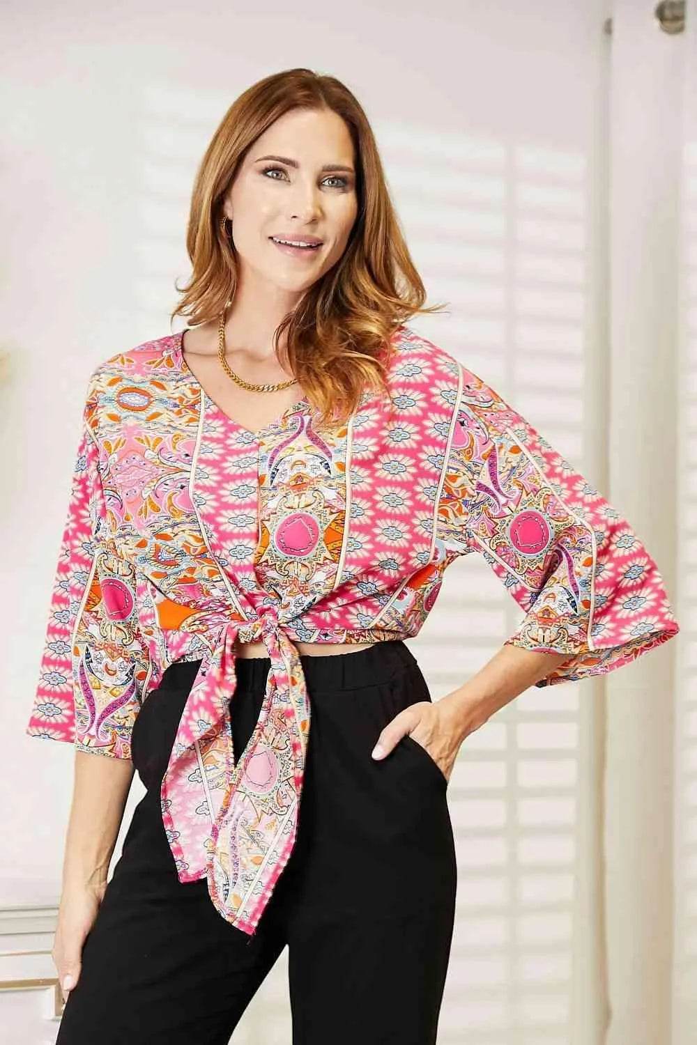 Bona Fide Fashion - Tie Hem V-Neck Three-Quarter Sleeve Blouse - Women Fashion - Bona Fide Fashion