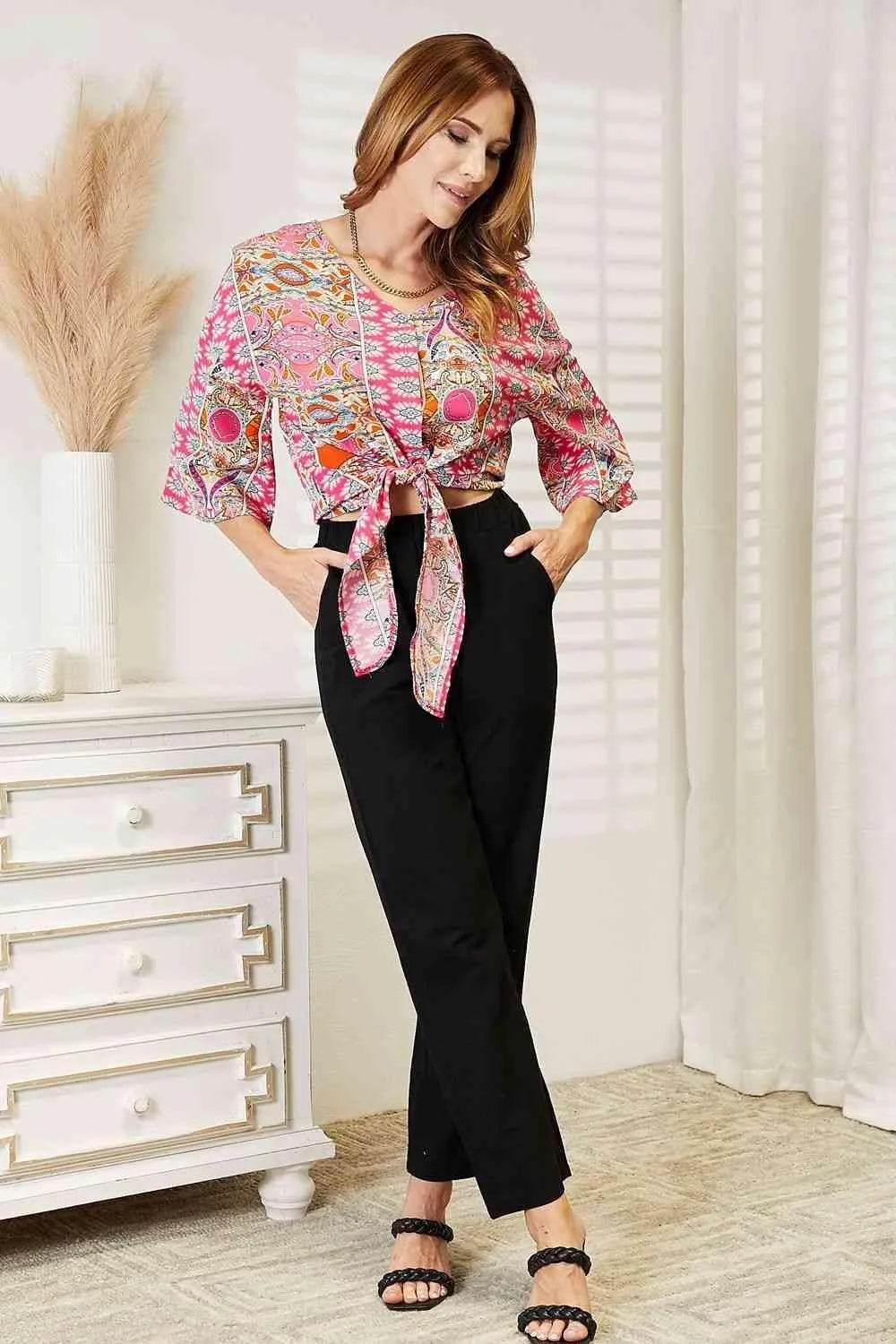 Bona Fide Fashion - Tie Hem V-Neck Three-Quarter Sleeve Blouse - Women Fashion - Bona Fide Fashion