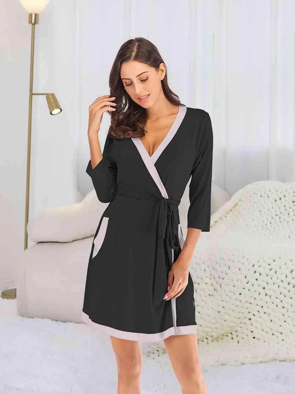 Bona Fide Fashion - Tie Waist Surplice Neck Robe with Pockets - Women Fashion - Bona Fide Fashion
