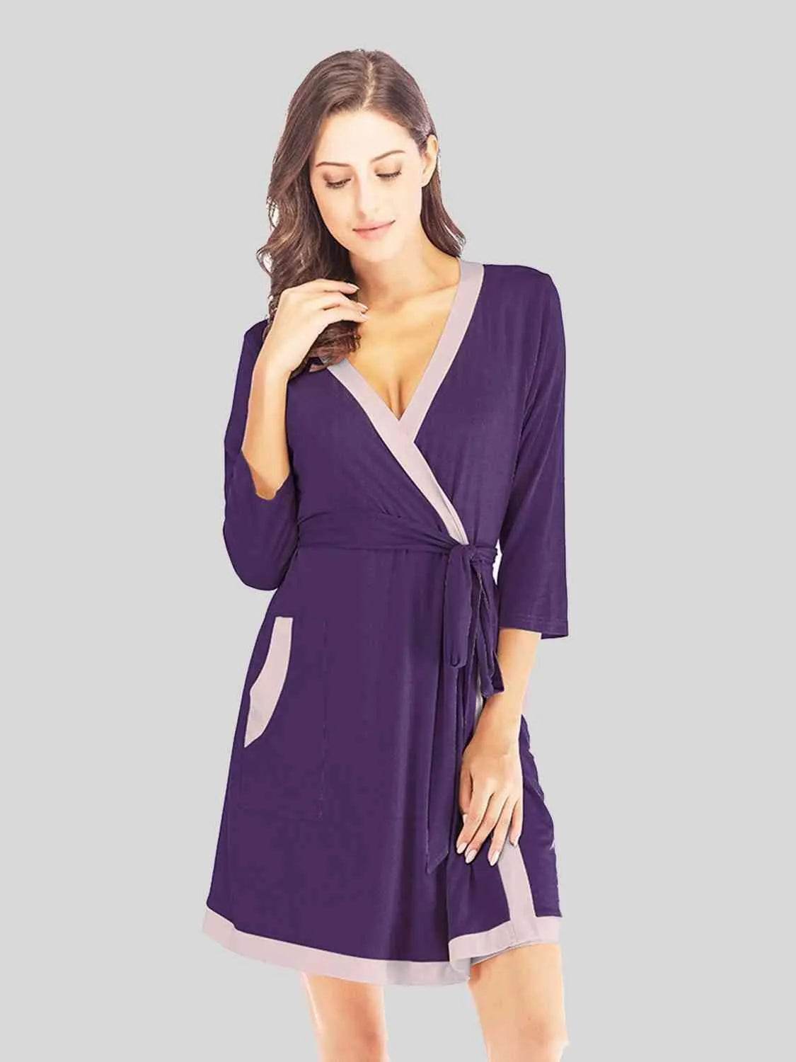 Bona Fide Fashion - Tie Waist Surplice Neck Robe with Pockets - Women Fashion - Bona Fide Fashion