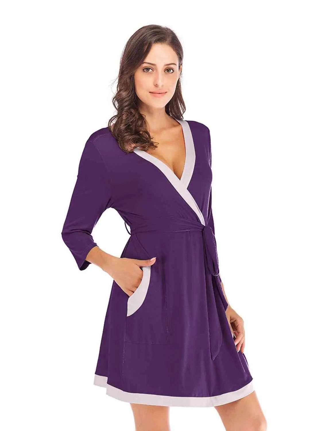 Bona Fide Fashion - Tie Waist Surplice Neck Robe with Pockets - Women Fashion - Bona Fide Fashion