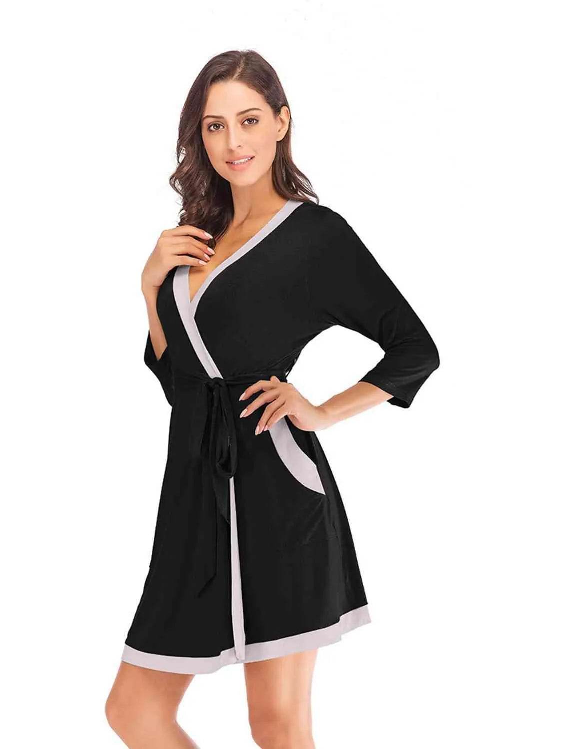 Bona Fide Fashion - Tie Waist Surplice Neck Robe with Pockets - Women Fashion - Bona Fide Fashion