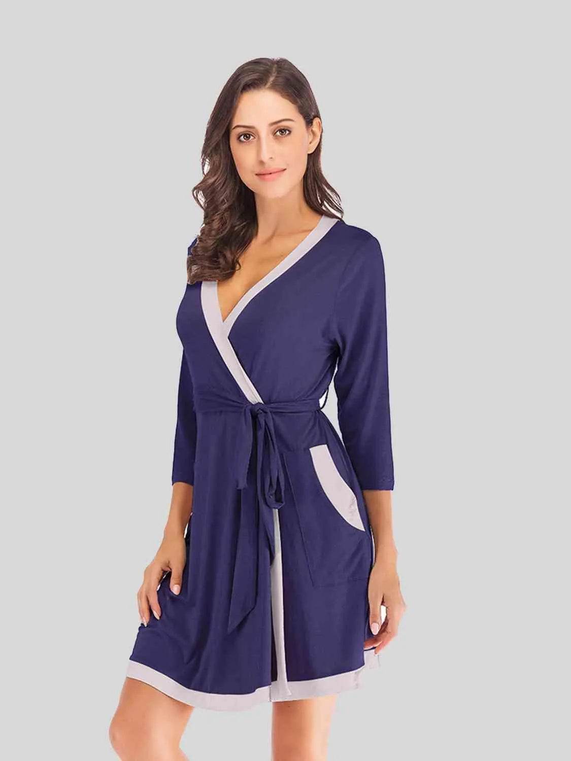 Bona Fide Fashion - Tie Waist Surplice Neck Robe with Pockets - Women Fashion - Bona Fide Fashion