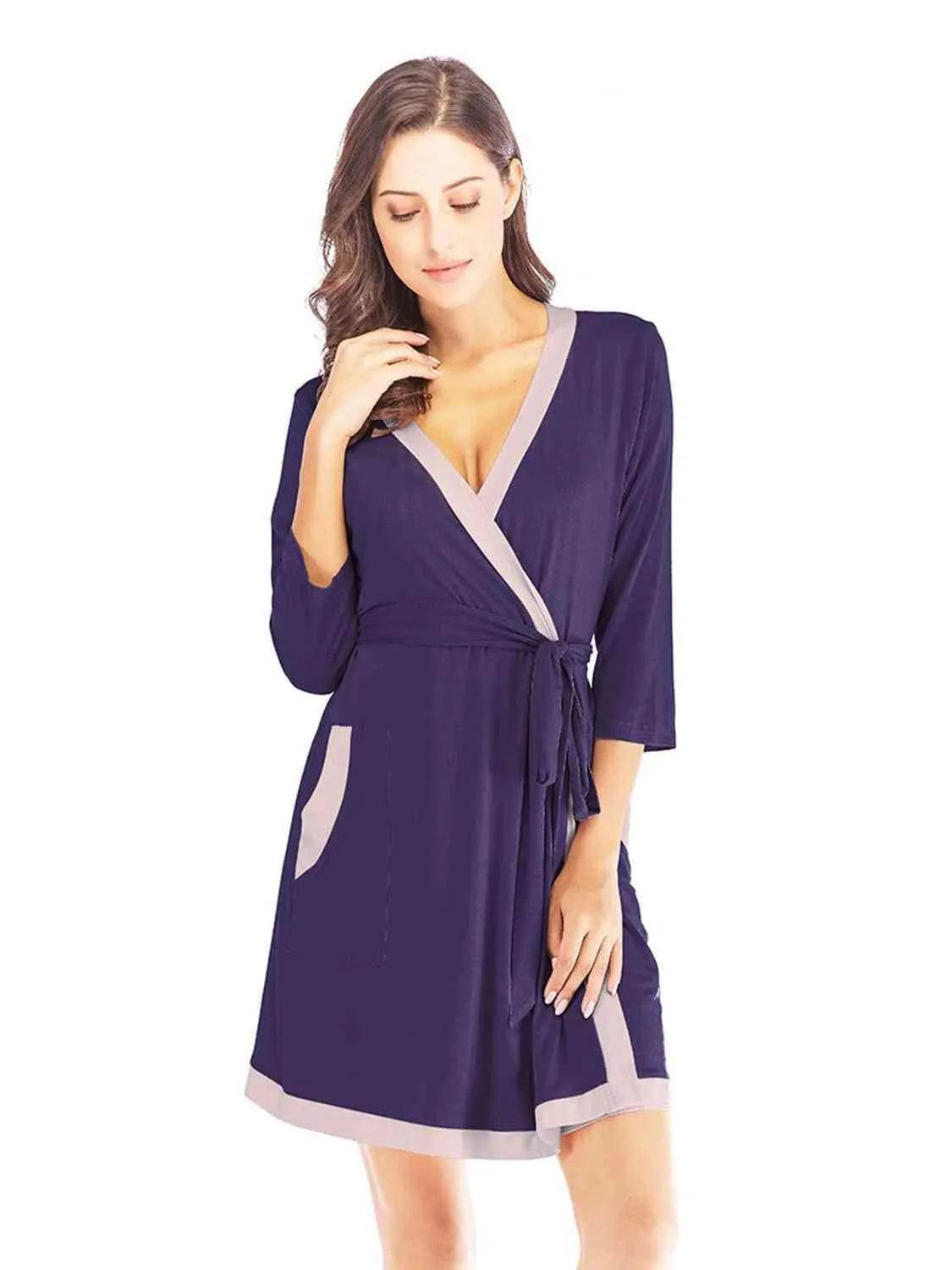 Bona Fide Fashion - Tie Waist Surplice Neck Robe with Pockets - Women Fashion - Bona Fide Fashion