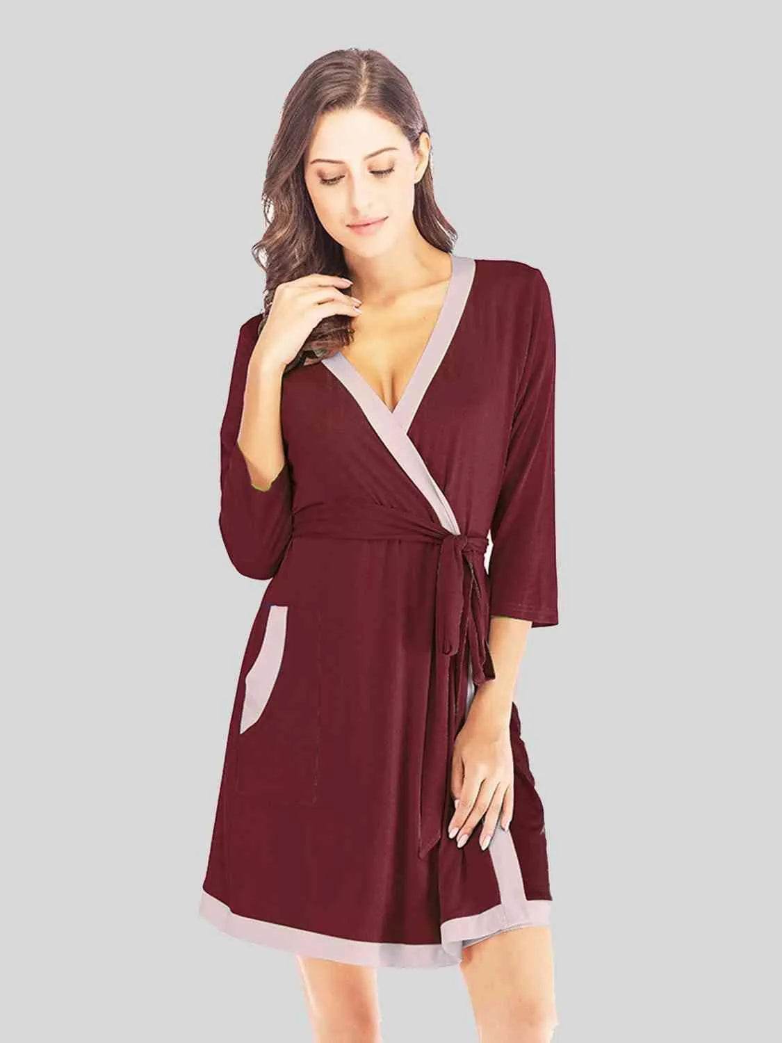 Bona Fide Fashion - Tie Waist Surplice Neck Robe with Pockets - Women Fashion - Bona Fide Fashion