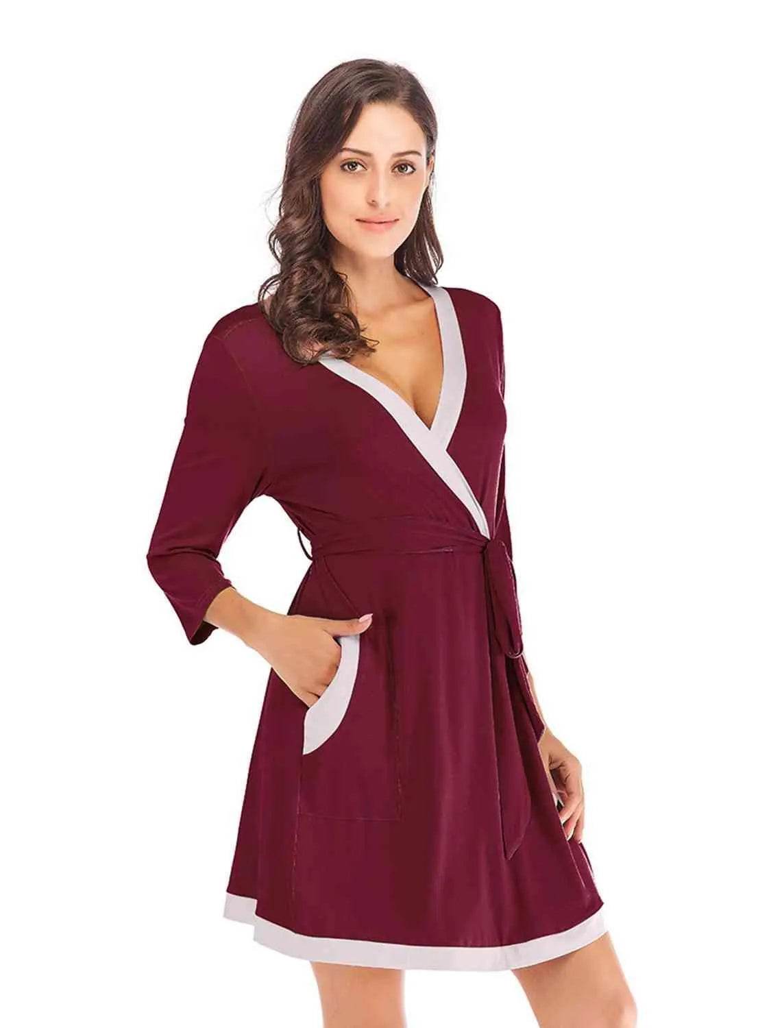 Bona Fide Fashion - Tie Waist Surplice Neck Robe with Pockets - Women Fashion - Bona Fide Fashion