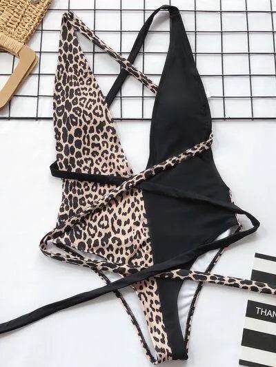 Bona Fide Fashion - Tied Leopard Plunge One-Piece Swimwear - Women Fashion - Bona Fide Fashion