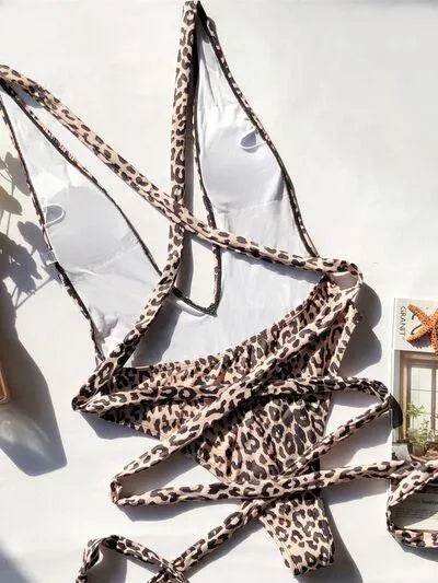 Bona Fide Fashion - Tied Leopard Plunge One-Piece Swimwear - Women Fashion - Bona Fide Fashion
