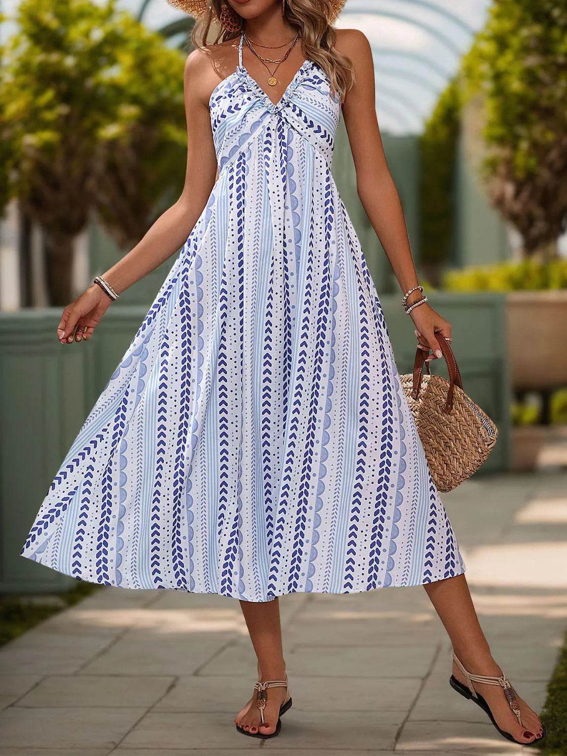 Bona Fide Fashion - Tied Printed Halter Neck Sleeveless Midi Dress - Women Fashion - Bona Fide Fashion