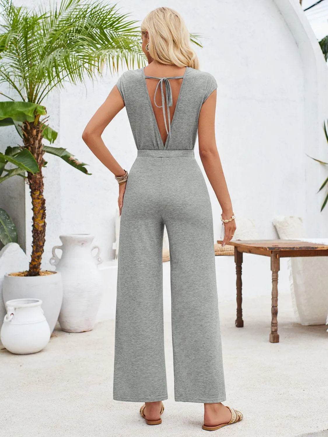 Bona Fide Fashion - Twisted Round Neck Cap Sleeve Jumpsuit - Women Fashion - Bona Fide Fashion