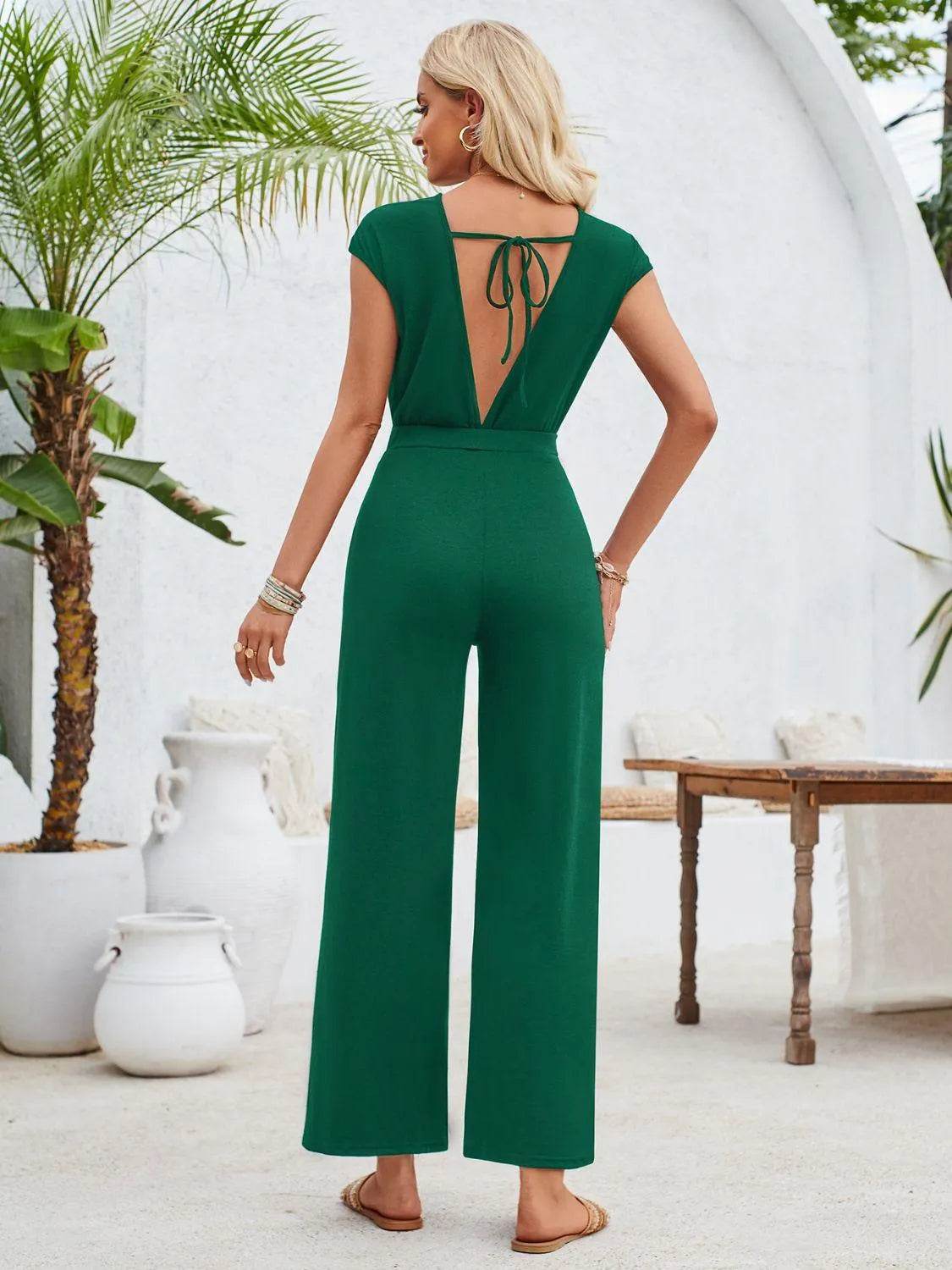 Bona Fide Fashion - Twisted Round Neck Cap Sleeve Jumpsuit - Women Fashion - Bona Fide Fashion