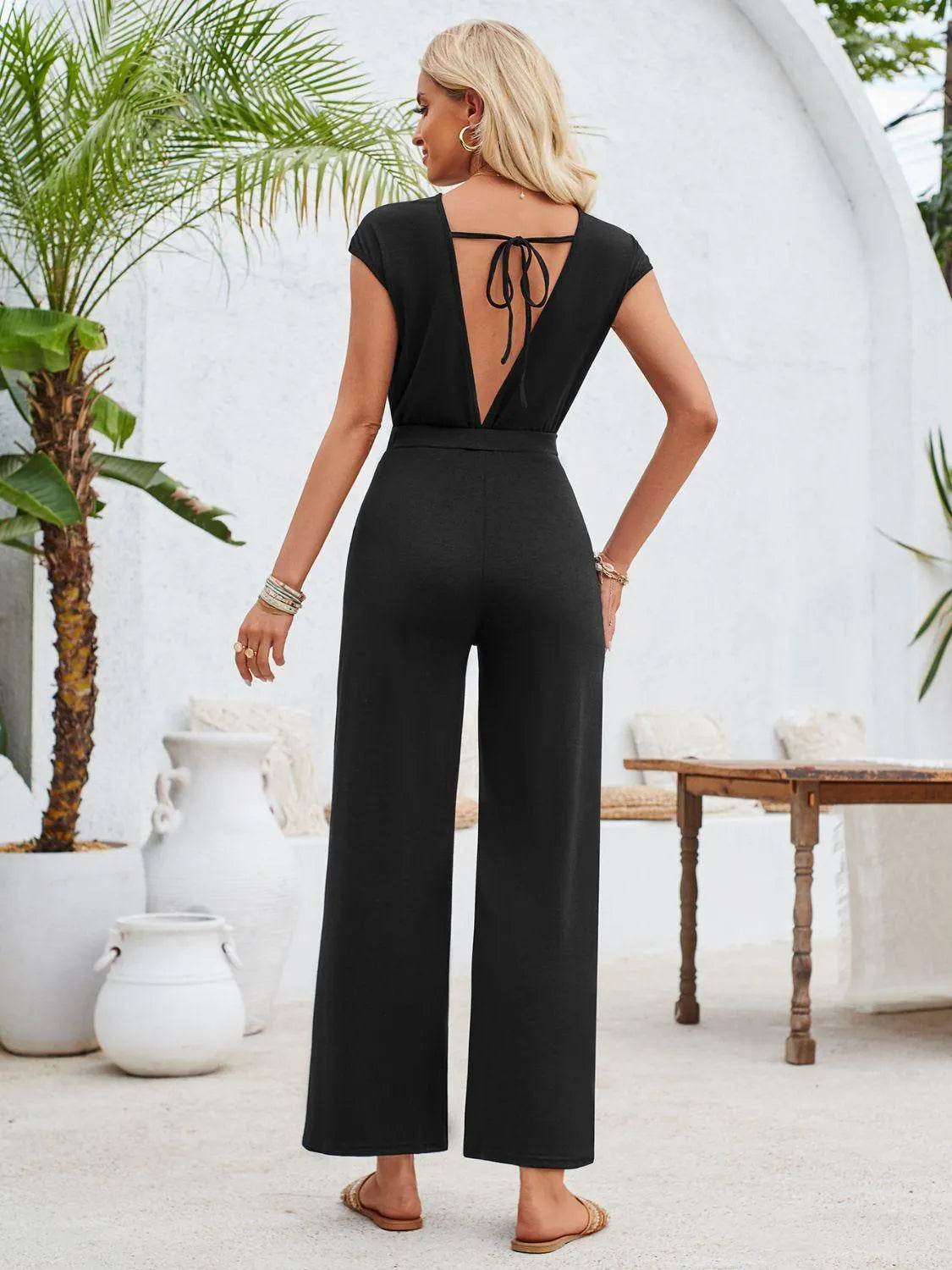 Bona Fide Fashion - Twisted Round Neck Cap Sleeve Jumpsuit - Women Fashion - Bona Fide Fashion