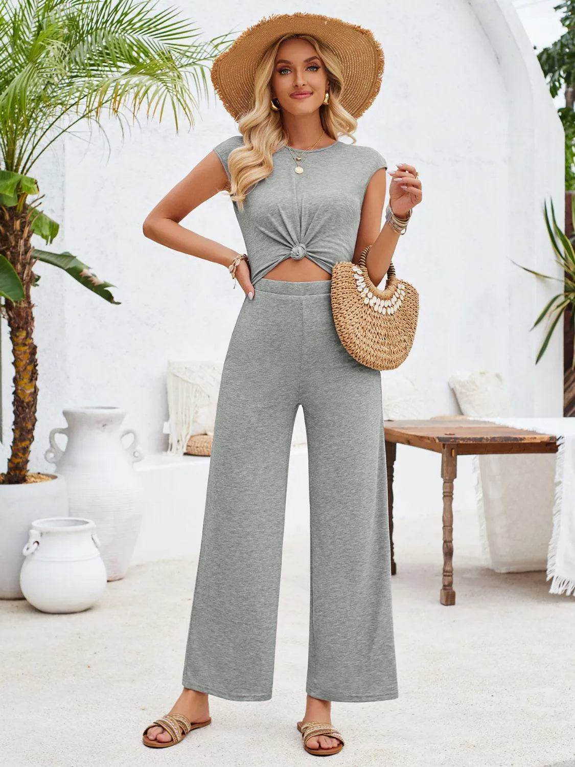 Bona Fide Fashion - Twisted Round Neck Cap Sleeve Jumpsuit - Women Fashion - Bona Fide Fashion