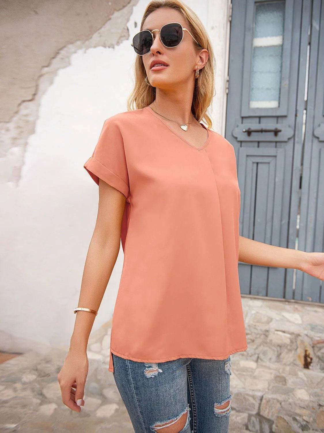 Bona Fide Fashion - V-Neck Short Sleeve T-Shirt - Women Fashion - Bona Fide Fashion