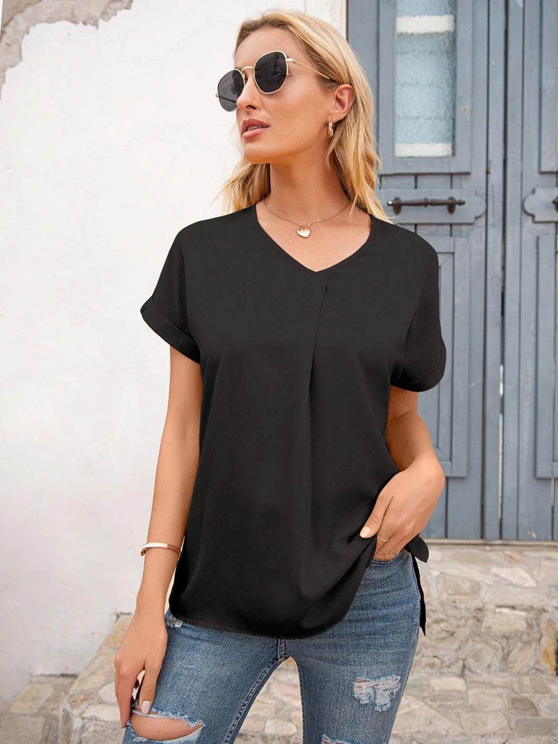 Bona Fide Fashion - V-Neck Short Sleeve T-Shirt - Women Fashion - Bona Fide Fashion