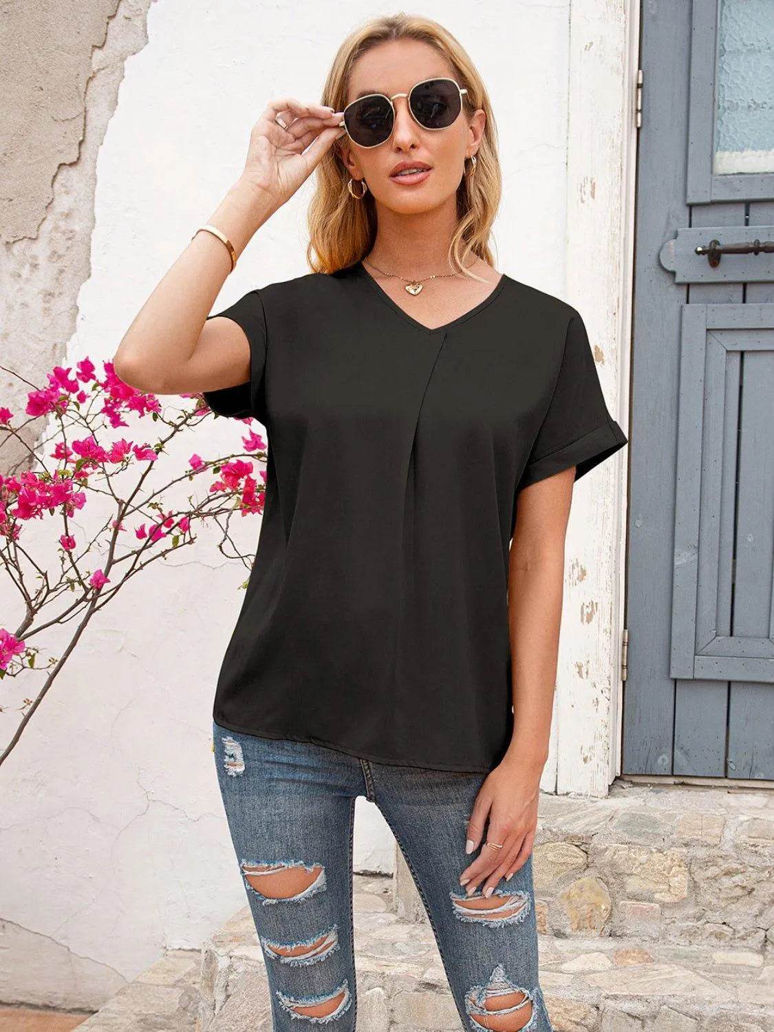 Bona Fide Fashion - V-Neck Short Sleeve T-Shirt - Women Fashion - Bona Fide Fashion