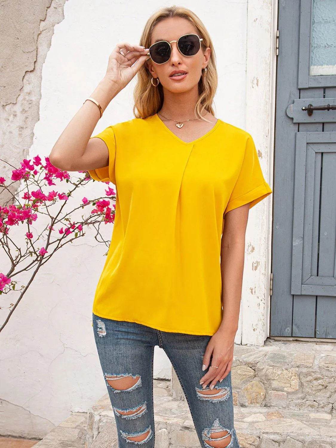 Bona Fide Fashion - V-Neck Short Sleeve T-Shirt - Women Fashion - Bona Fide Fashion