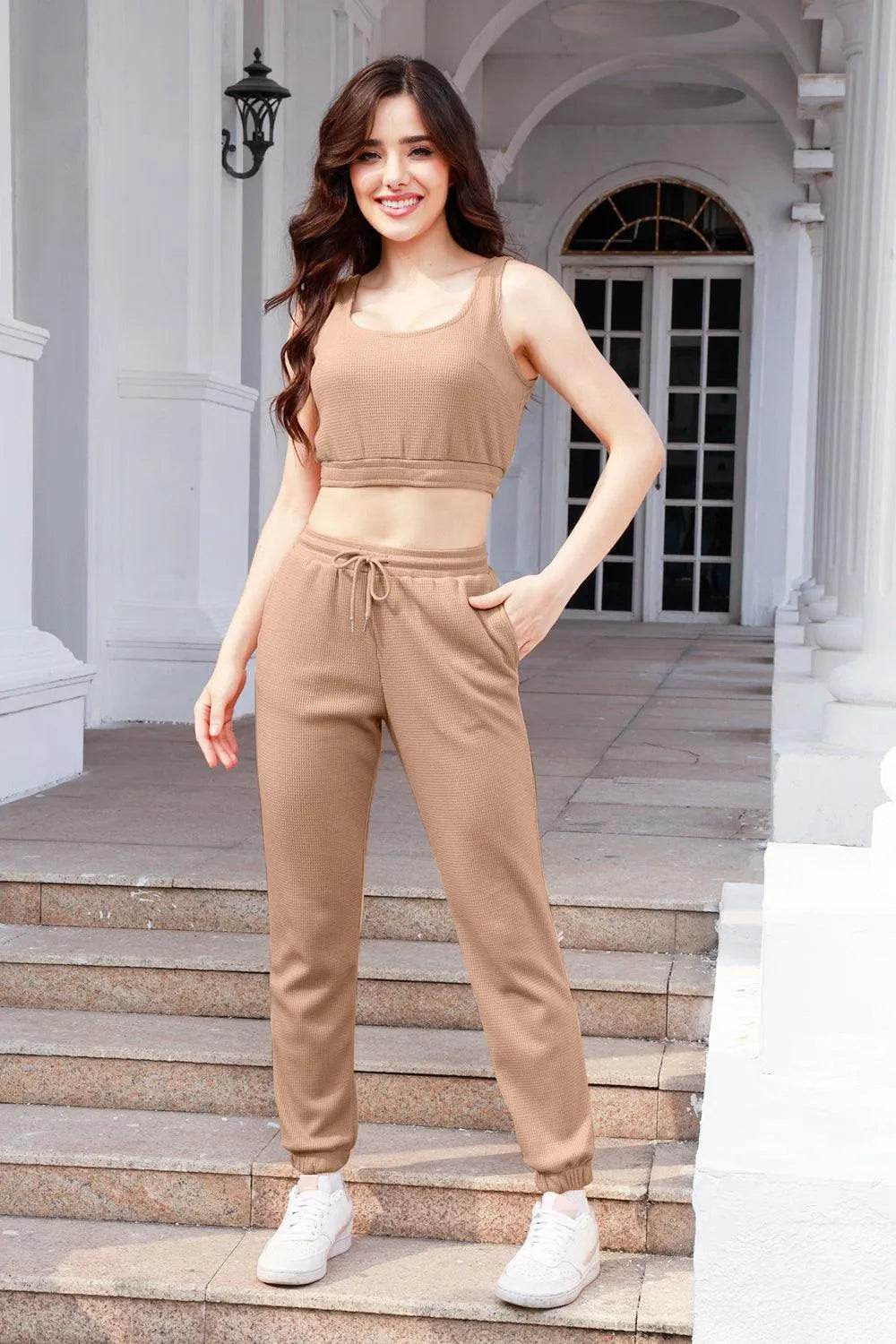 Bona Fide Fashion - Waffle-Knit Cropped Tank and Drawstring Pants Set - Women Fashion - Bona Fide Fashion