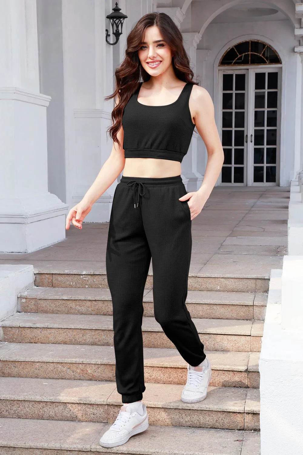 Bona Fide Fashion - Waffle-Knit Cropped Tank and Drawstring Pants Set - Women Fashion - Bona Fide Fashion