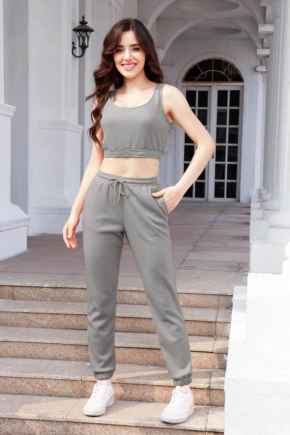 Bona Fide Fashion - Waffle-Knit Cropped Tank and Drawstring Pants Set - Women Fashion - Bona Fide Fashion