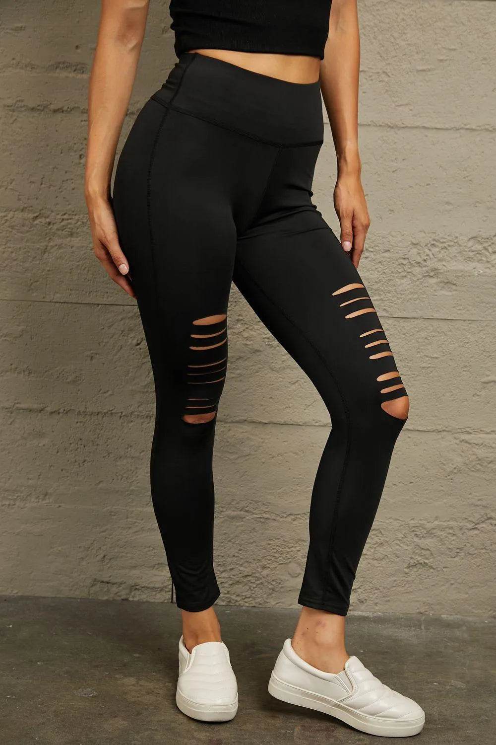 Bona Fide Fashion - Wide Waistband Distressed Slim Fit Leggings - Women Fashion - Bona Fide Fashion