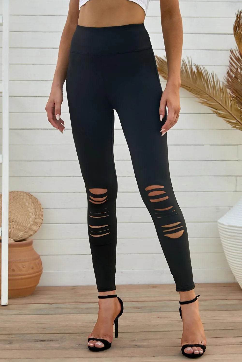 Bona Fide Fashion - Wide Waistband Distressed Slim Fit Leggings - Women Fashion - Bona Fide Fashion