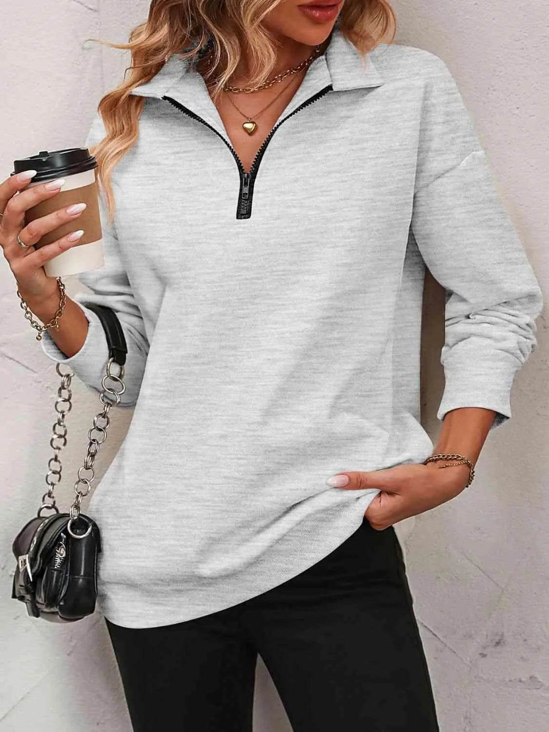 Bona Fide Fashion - Zip-Up Dropped Shoulder Sweatshirt - Women Fashion - Bona Fide Fashion
