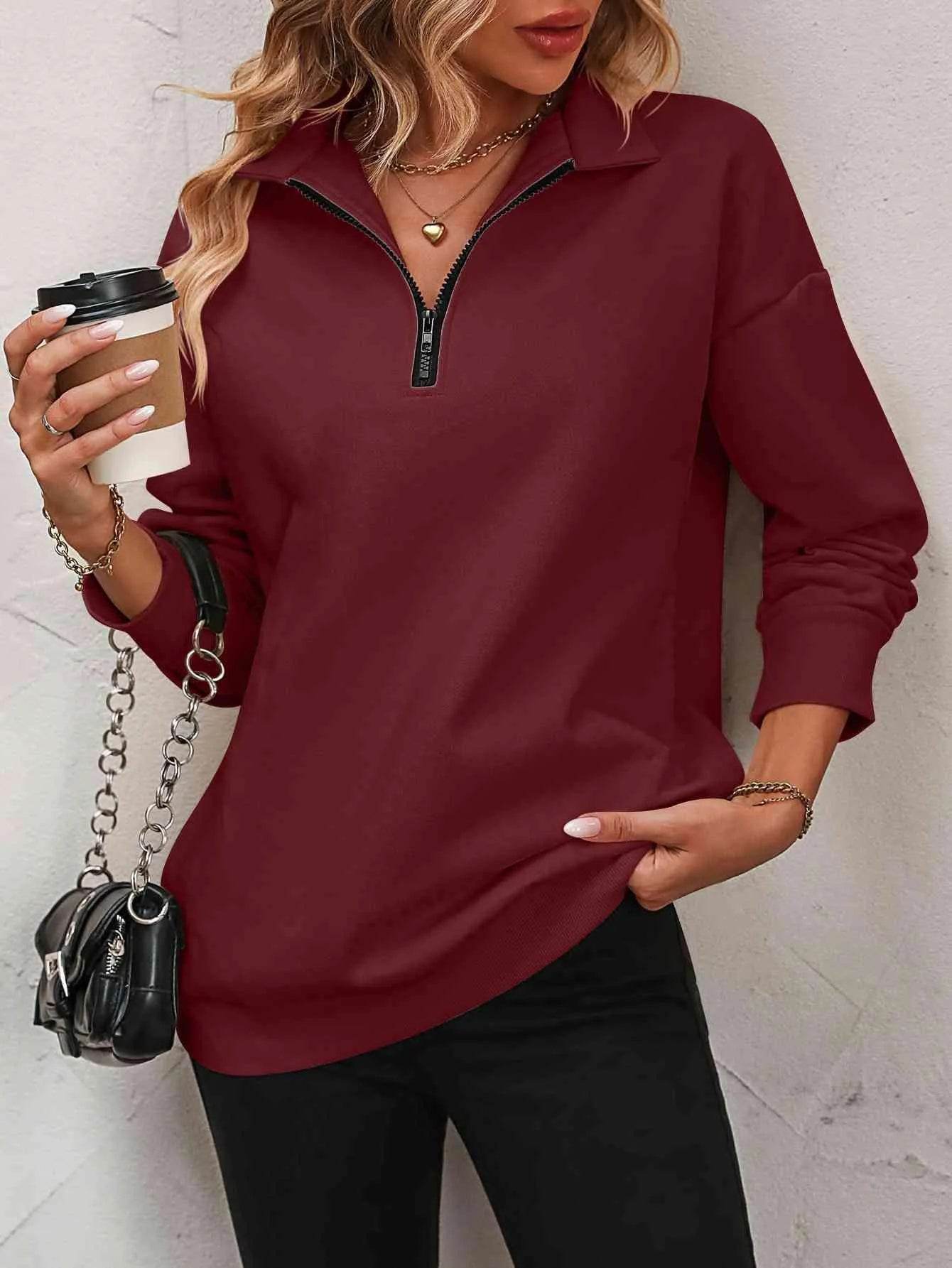 Bona Fide Fashion - Zip-Up Dropped Shoulder Sweatshirt - Women Fashion - Bona Fide Fashion