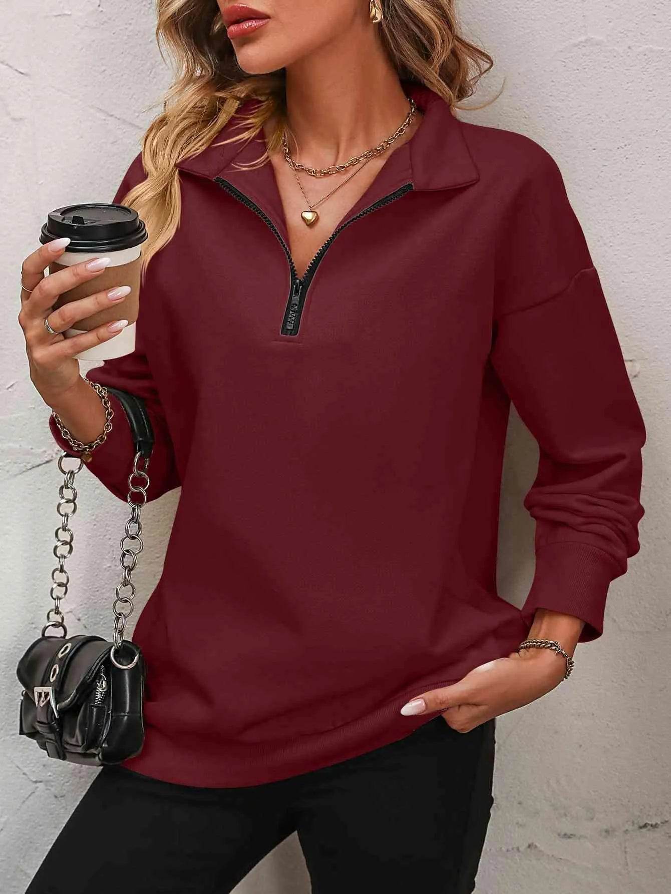 Bona Fide Fashion - Zip-Up Dropped Shoulder Sweatshirt - Women Fashion - Bona Fide Fashion
