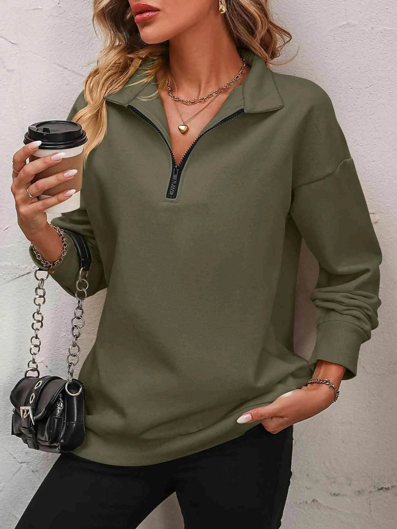 Bona Fide Fashion - Zip-Up Dropped Shoulder Sweatshirt - Women Fashion - Bona Fide Fashion