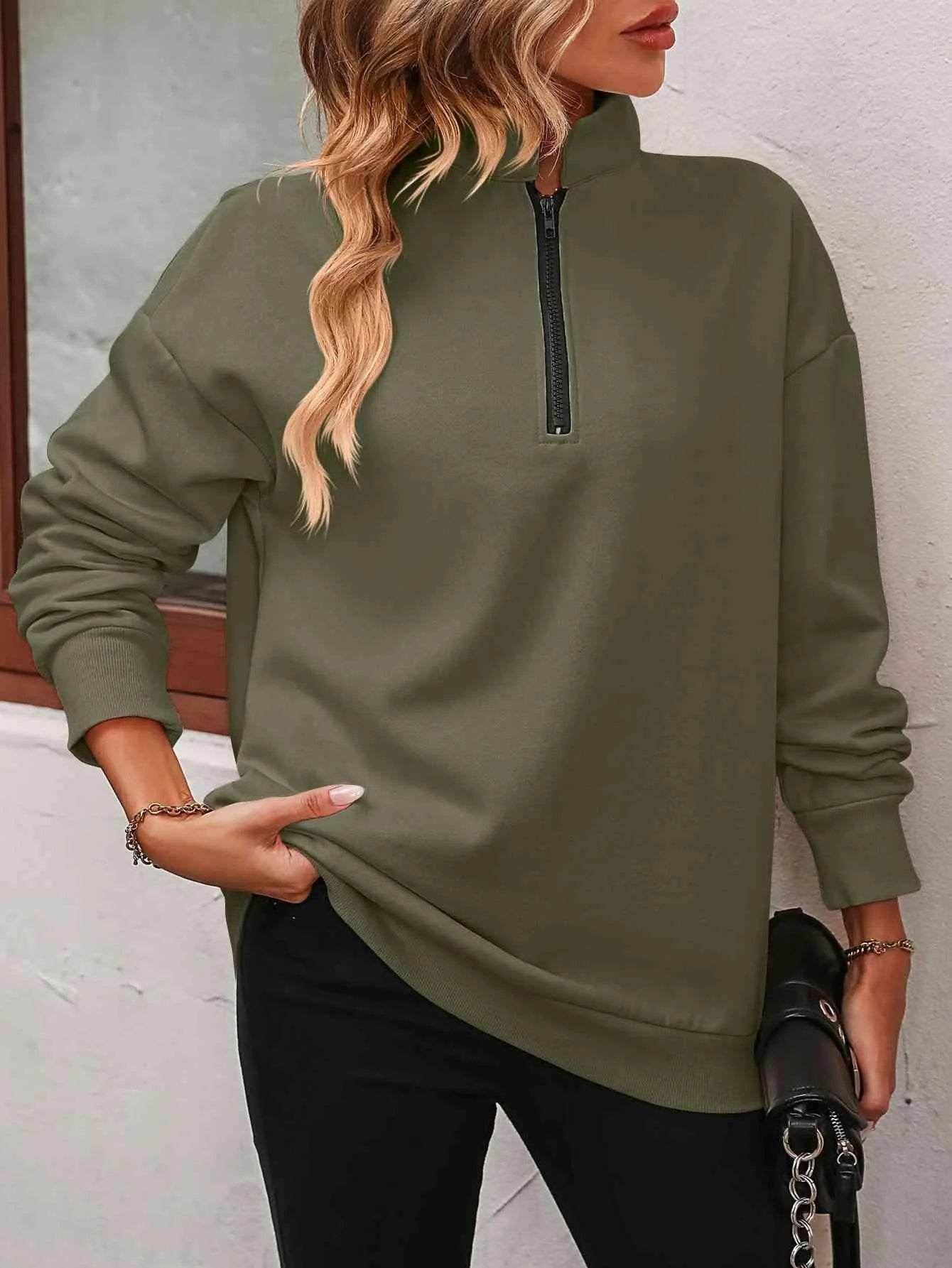 Bona Fide Fashion - Zip-Up Dropped Shoulder Sweatshirt - Women Fashion - Bona Fide Fashion