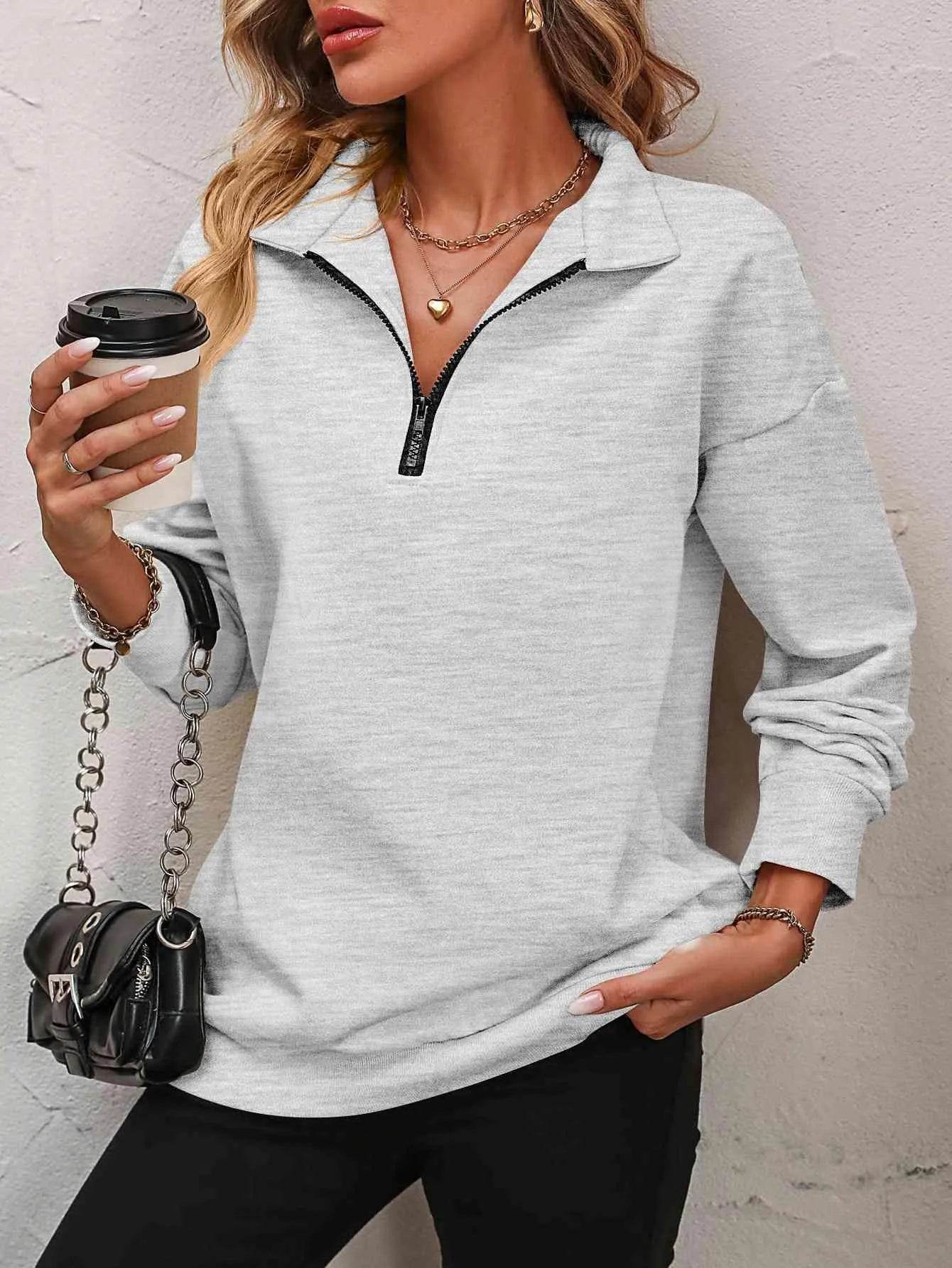 Bona Fide Fashion - Zip-Up Dropped Shoulder Sweatshirt - Women Fashion - Bona Fide Fashion