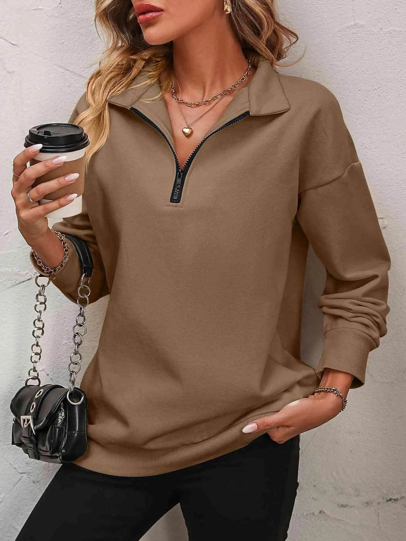Bona Fide Fashion - Zip-Up Dropped Shoulder Sweatshirt - Women Fashion - Bona Fide Fashion