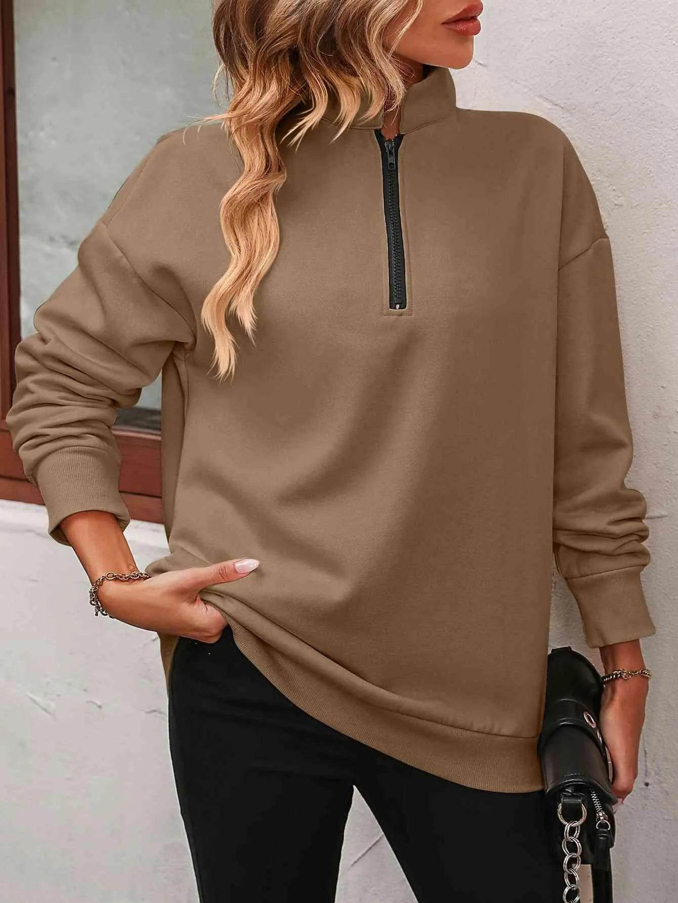 Bona Fide Fashion - Zip-Up Dropped Shoulder Sweatshirt - Women Fashion - Bona Fide Fashion