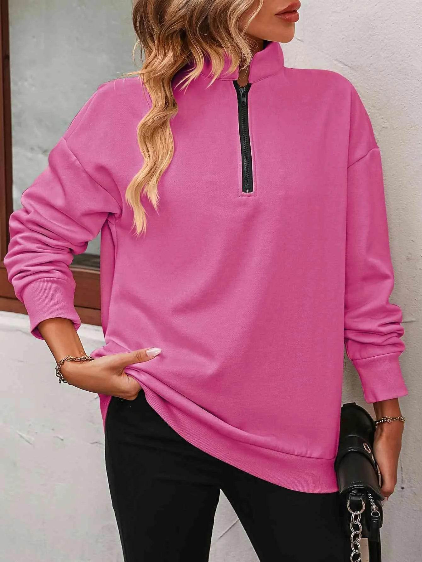 Bona Fide Fashion - Zip-Up Dropped Shoulder Sweatshirt - Women Fashion - Bona Fide Fashion