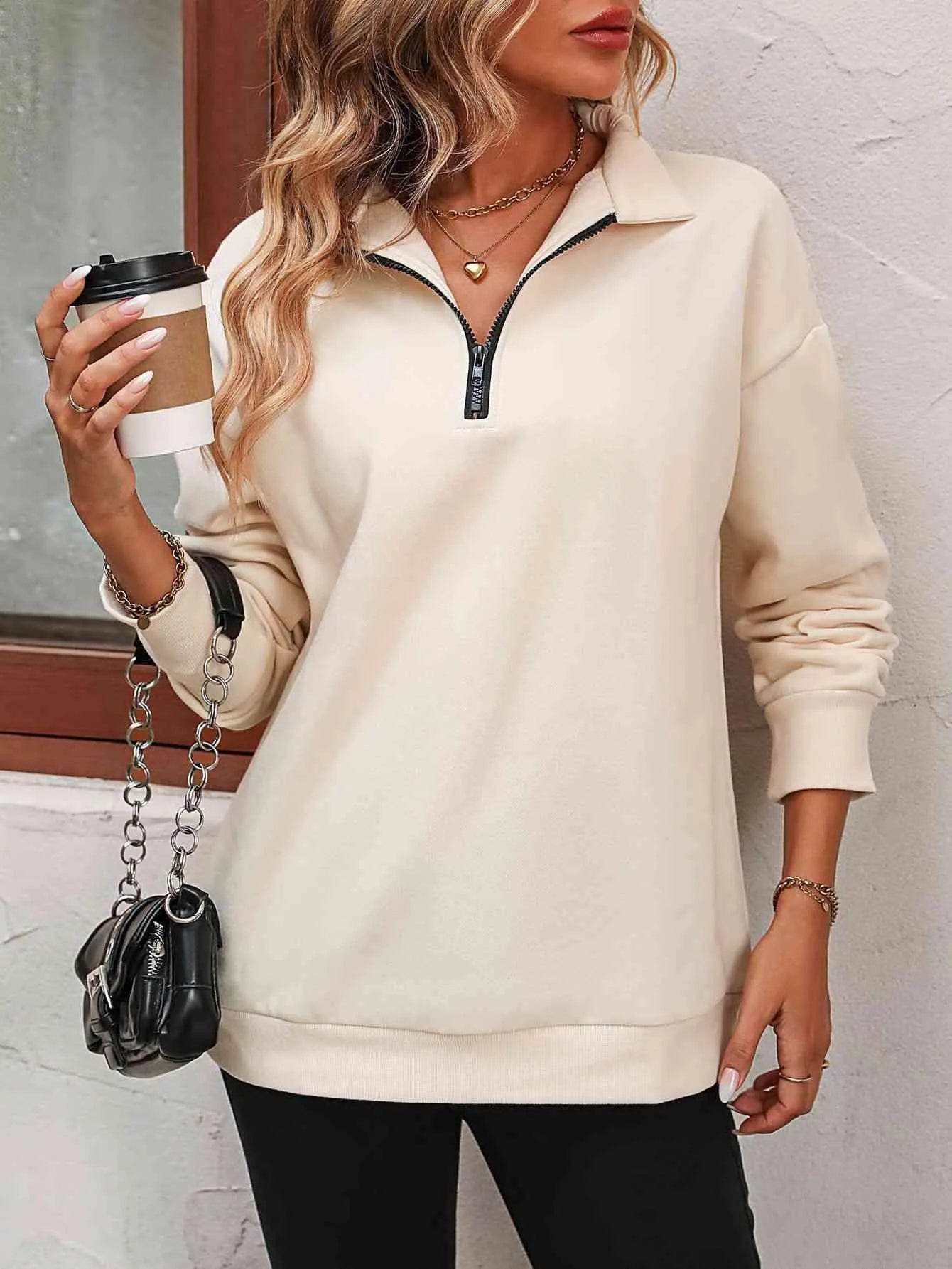 Bona Fide Fashion - Zip-Up Dropped Shoulder Sweatshirt - Women Fashion - Bona Fide Fashion