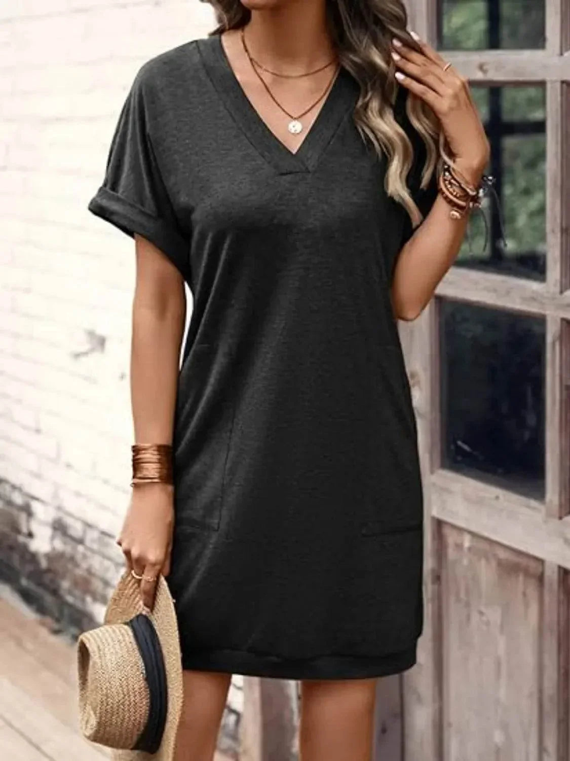 V-Neck Short Sleeve Mini Tee Dress - Bona Fide Fashion