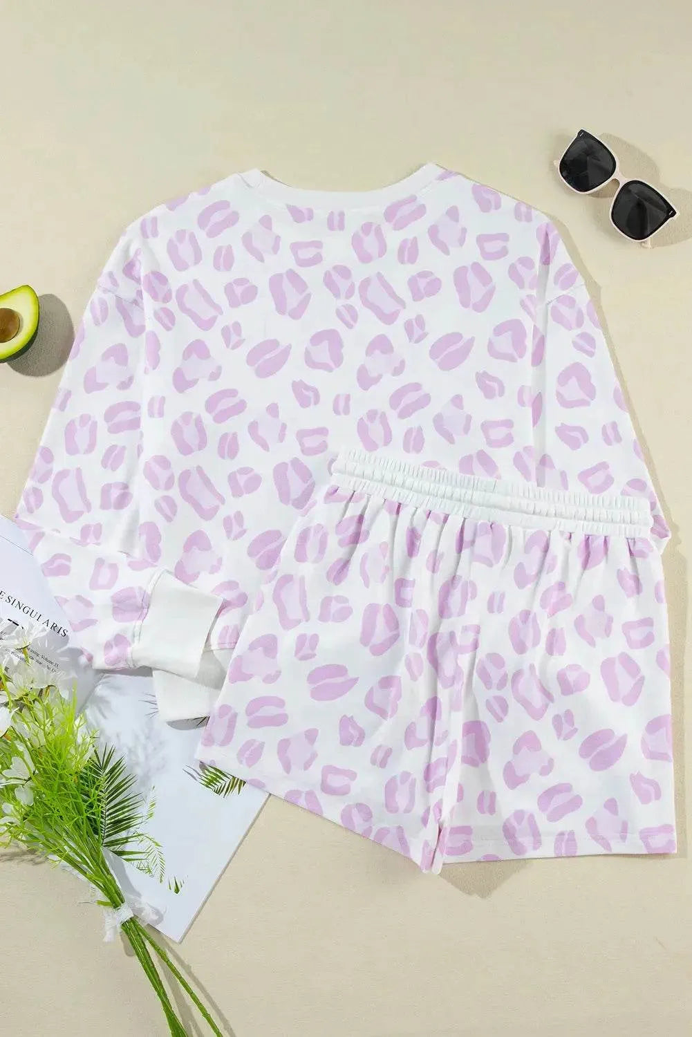 Leopard Long Sleeve and Drawstring Shorts Lounge Set - Bona Fide Fashion