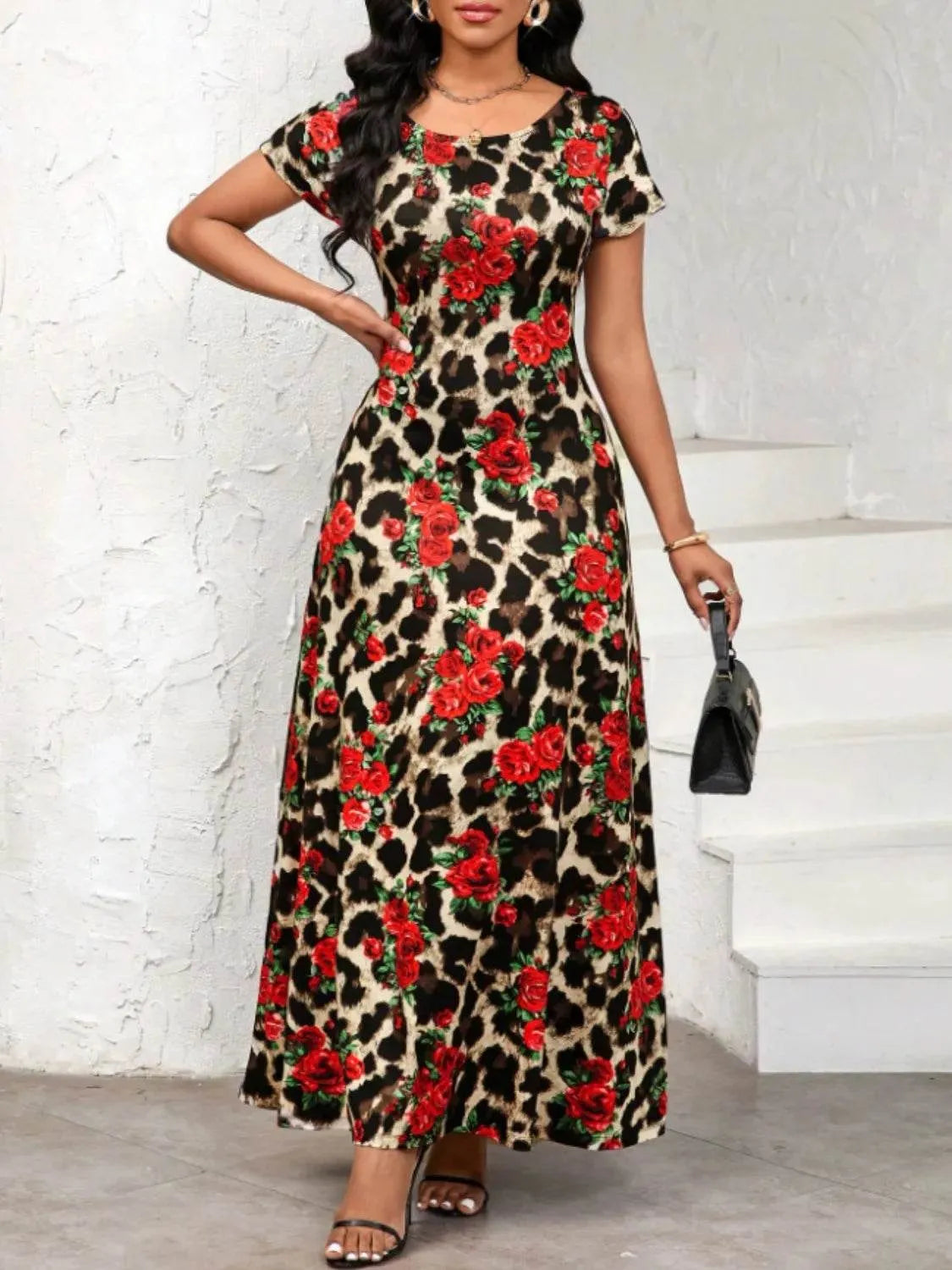 Printed Round Neck Short Sleeve Maxi Tee Dress - Bona Fide Fashion