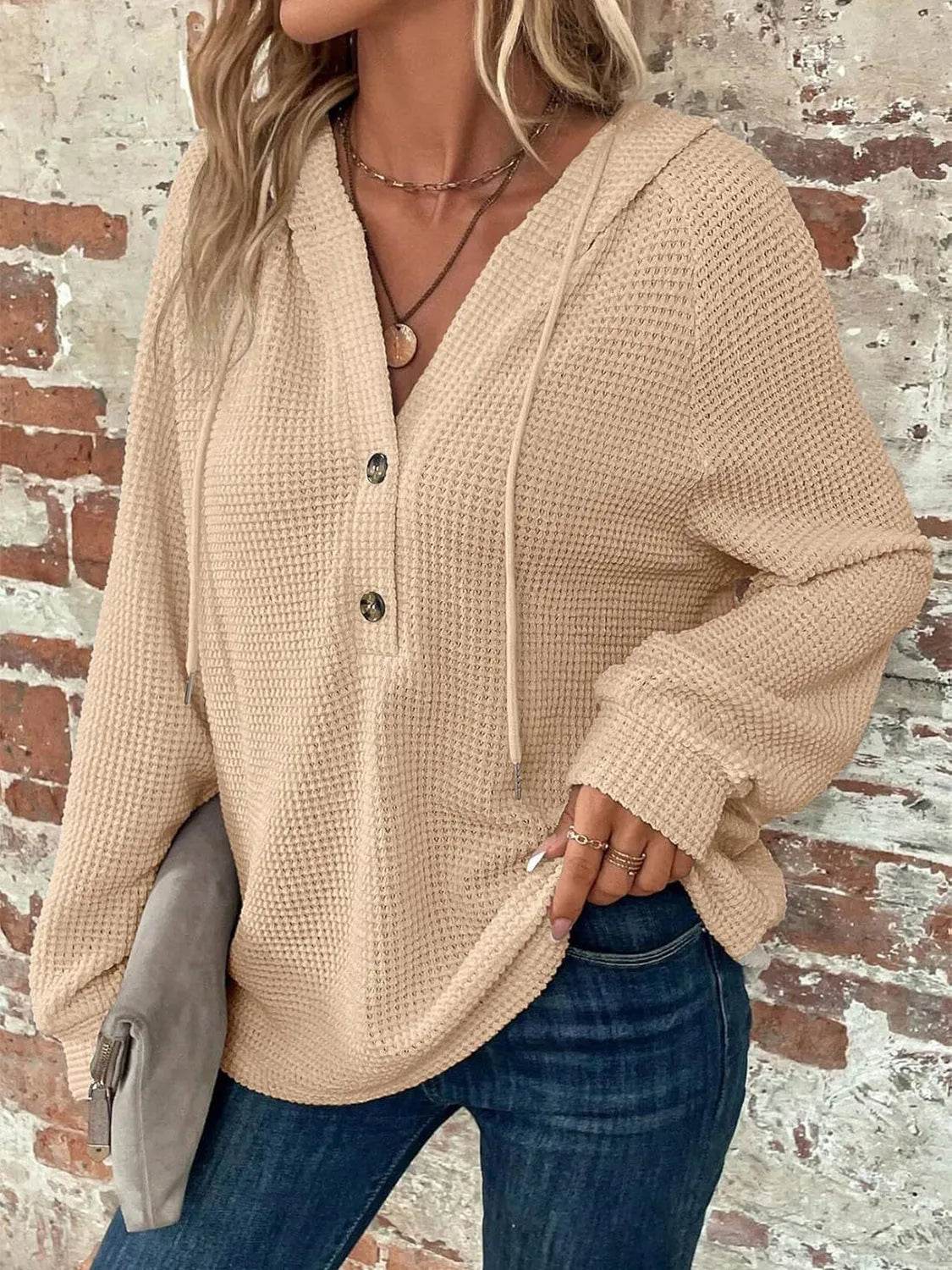 Waffle Knit Long Sleeve Drawstring Hooded Top - Bona Fide Fashion
