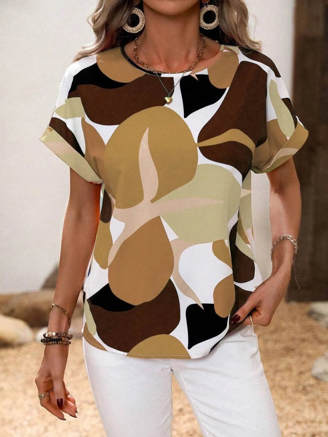 Contrast Round Neck Short Sleeve Blouse - Bona Fide Fashion