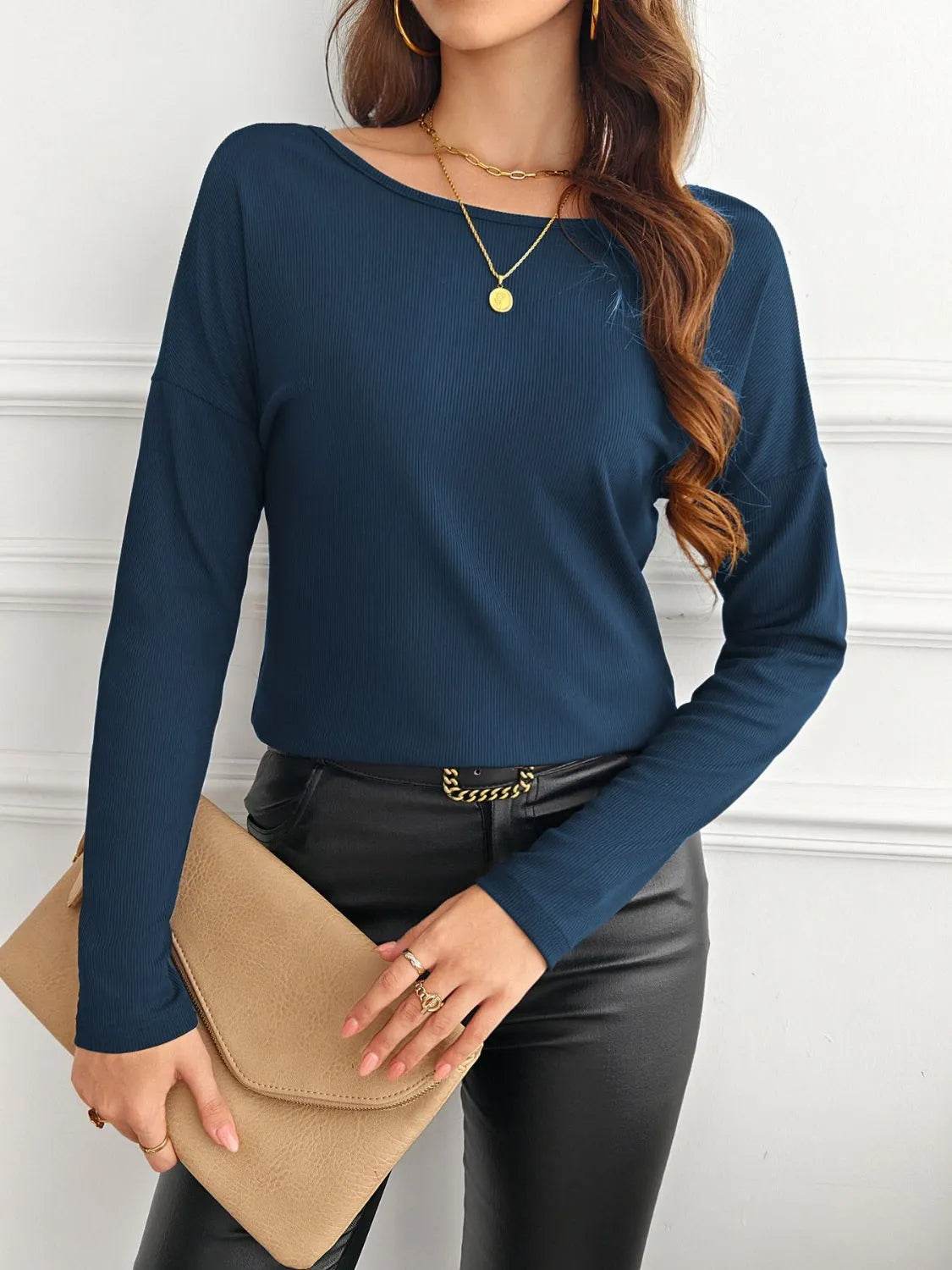 Lace Detail Butterfly Back Round Neck Long Sleeve T-Shirt - Bona Fide Fashion