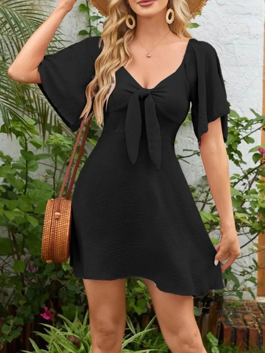 Smocked Back Knotted Flutter Sleeve Dress - Bona Fide Fashion