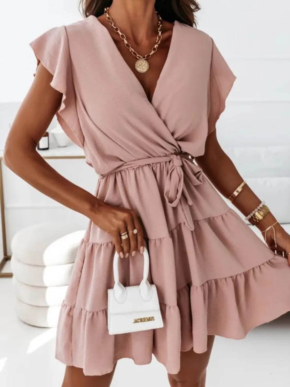 Ruffled Surplice Cap Sleeve Mini Dress - Bona Fide Fashion
