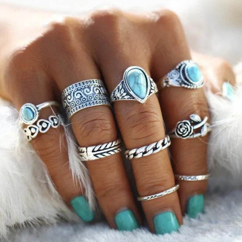 Artificial Turquoise Alloy Ring 10-Piece Set - Bona Fide Fashion