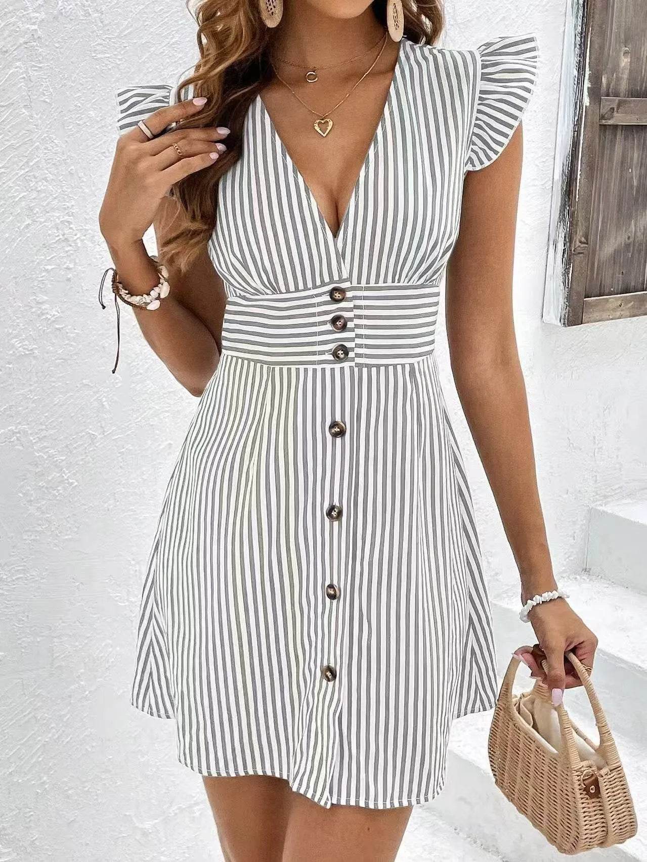 Striped Button Front Cap Sleeve Dress - Bona Fide Fashion