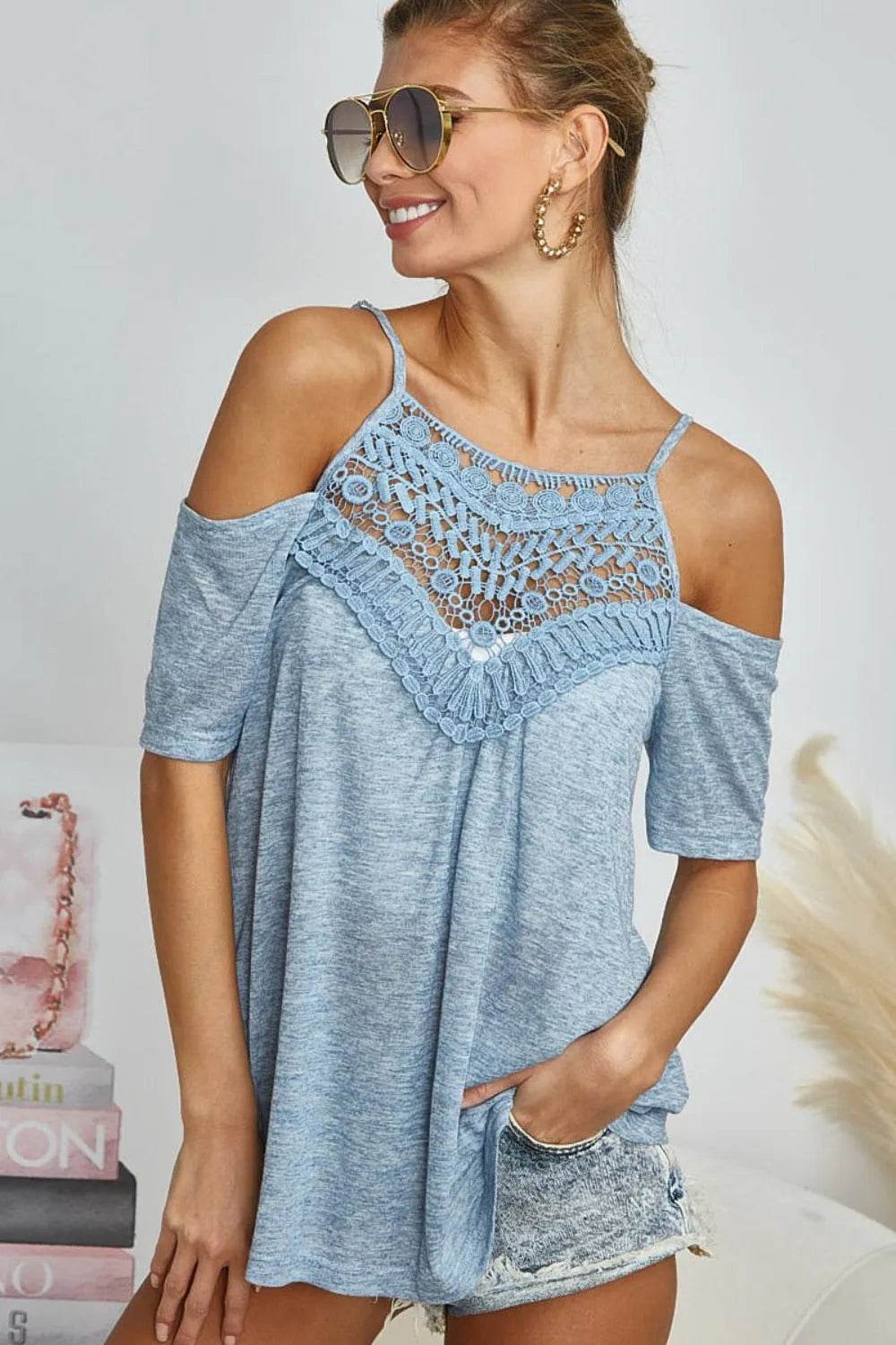 BiBi Front Crochet Lace Adjustable Strap Top - Bona Fide Fashion