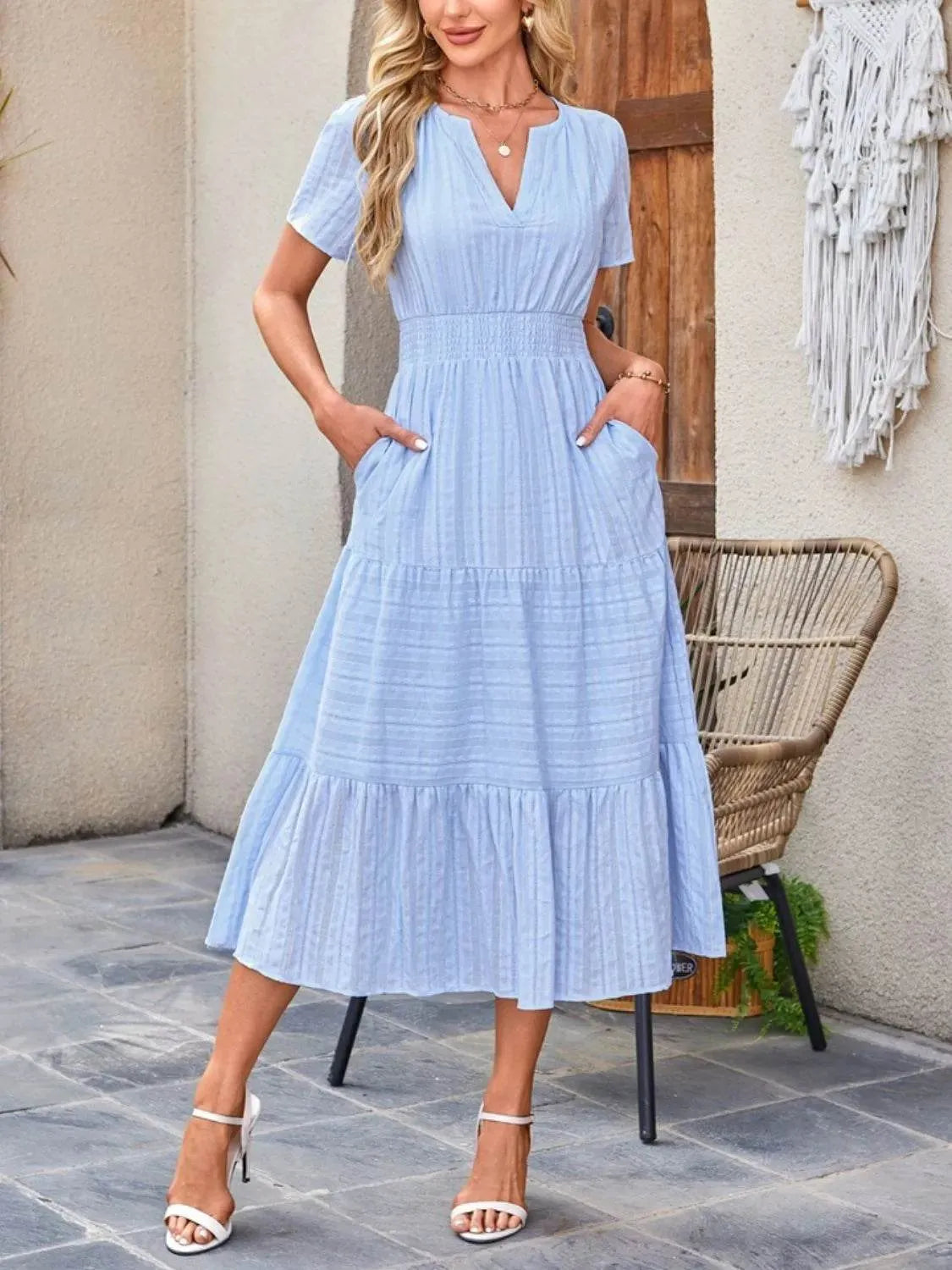 Tiered Notched Short Sleeve Dress - Bona Fide Fashion